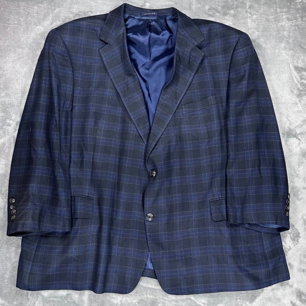 Arnold Brant Mens 52R Navy Blue Plaid 100% Bamboo Stretch Sport Coat Blazer 52 R